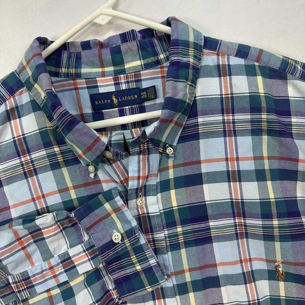 Polo Ralph Lauren Shirt Men 4XB Blue Plaid Oxford Cotton Long Sleeve Stretch EUC